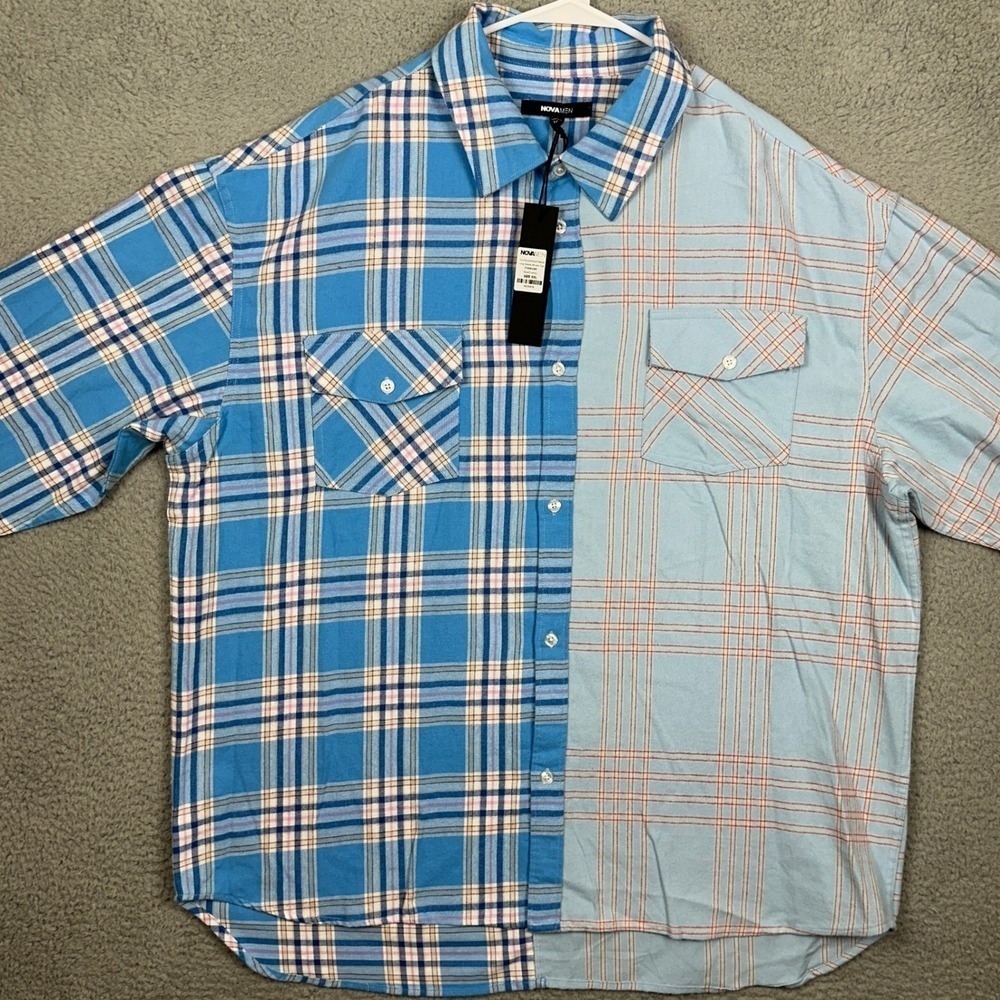 NEW Fashion Nova Men Shirt Mens 2XL Blue Too Fly Colorblock Flannel Button Up